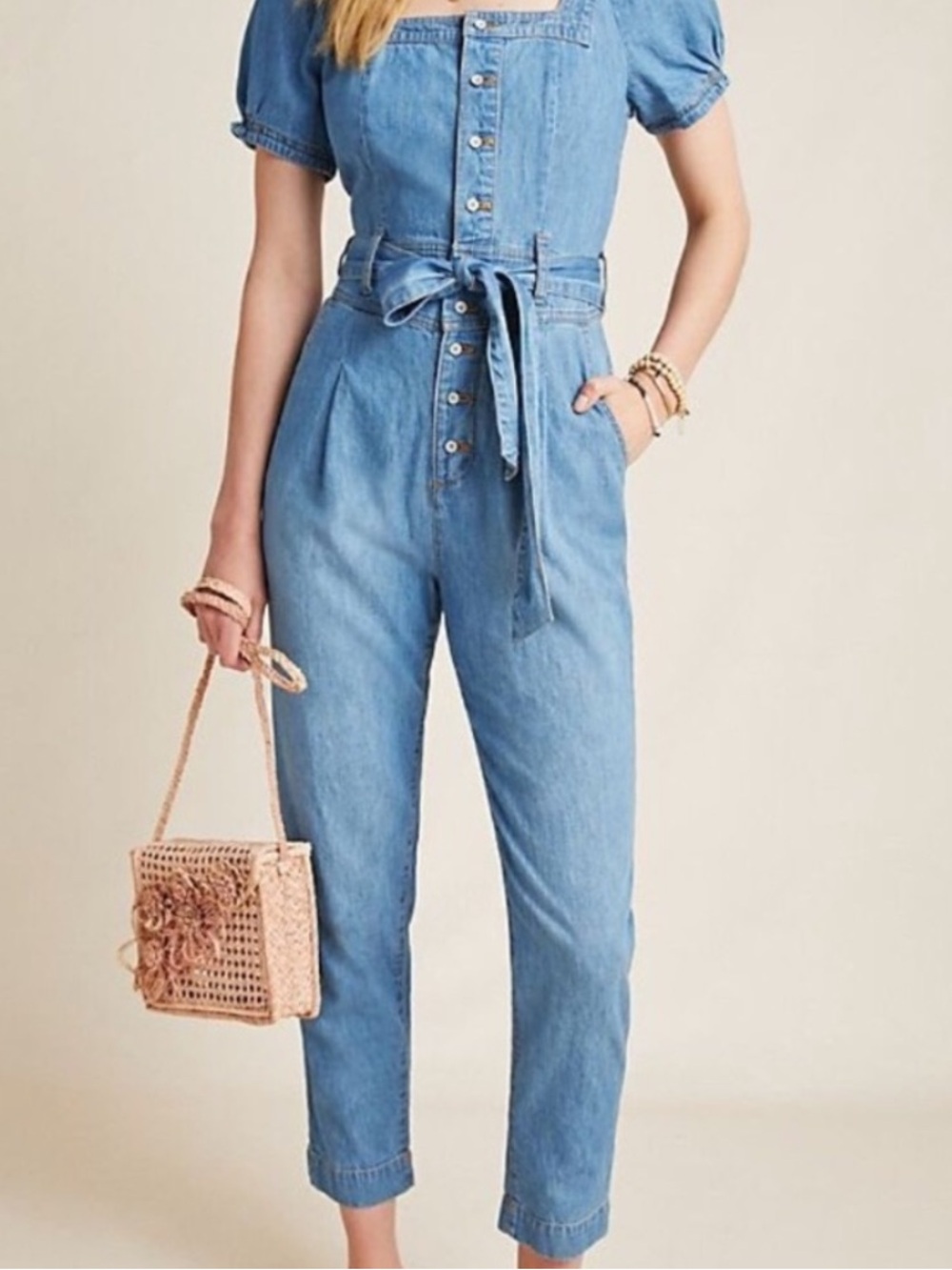Pilcro and the Letterpress Anthropologie Women’s Denim Tie-Waist Jumpsuit Size 6